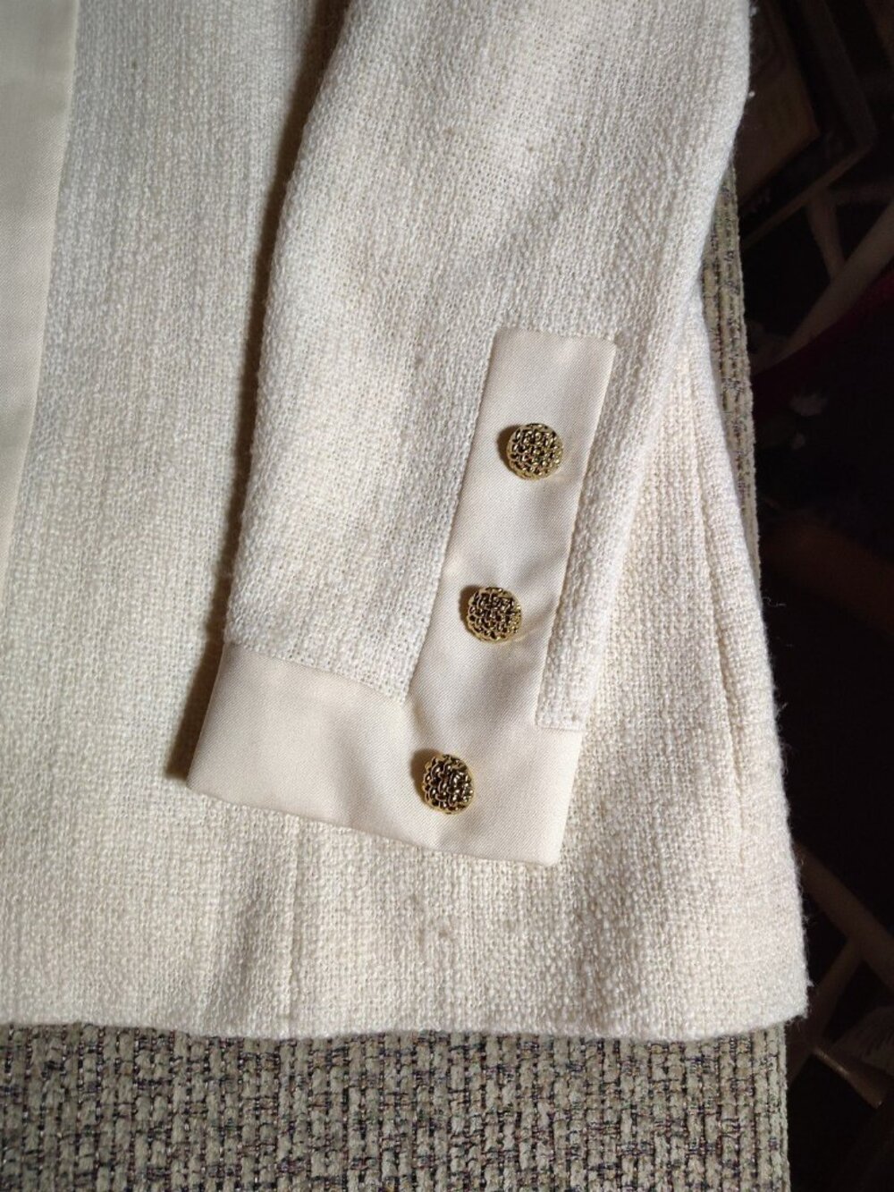 Doncaster Tweed Blazer Jacket Womens Size 14 Cream/W CreamFringe Trim Open Front - Picture 3 of 8
